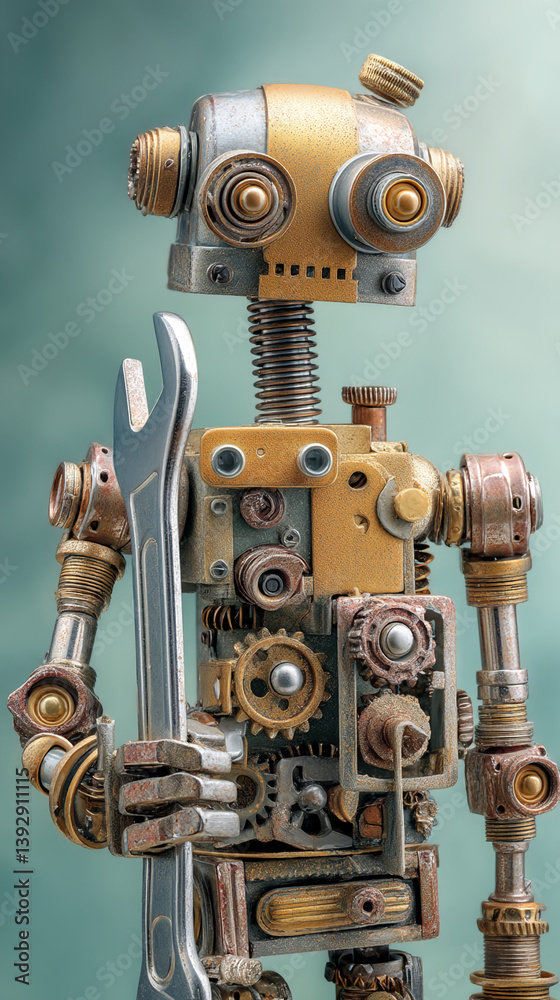 Poster close-up of a metallic robot, crafted from gears, and holding a wrench, showcasing intricate mechani