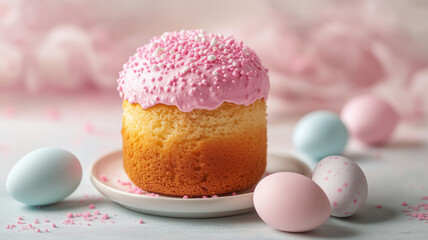 Pastel Tasty Pink Glazed Easter cakes with sugar decor, colorful eggs  on white kitchen table,. Happy Easter Holidays greeting card background copy space. 