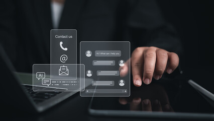 Contact us or email marketing concept, Website page, Customer support hotline, Contact us by mobile online, Business Woman sitting and working on laptop, Email, Phone, Address, Chat message icon.