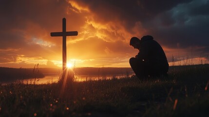 Silhouette of man kneeling near the wooden Christian cross during a sunset. Spiritual moment of prayer and reflection, peaceful surroundings, dramatic sky with warm colors.