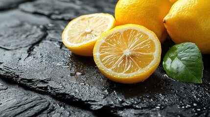 Bright lemons contrasting on dark, textured slate, adding fresh and vibrant touch