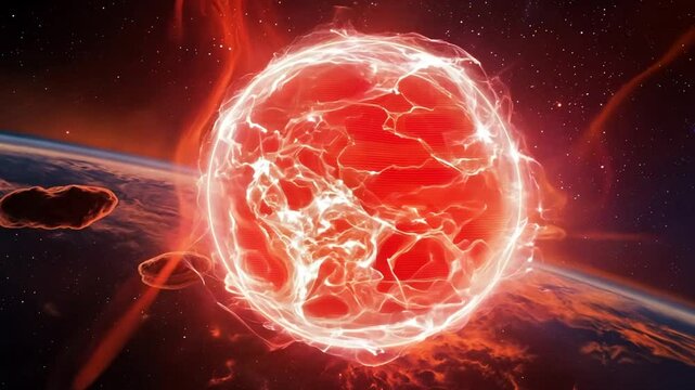 Exploding red sun with fire energy and glowing solar flares in outer space showing cosmic power and celestial motion