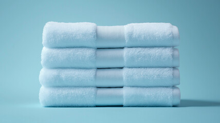stack of soft, fluffy towels neatly arranged against light blue background, creating serene and clean atmosphere. towels are perfectly aligned, showcasing their plush texture