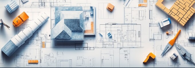 Architectural blueprints with model house and tools