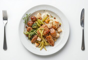 Delicious Plate of Healthy Cooked Vegetables and Chicken with Silverware