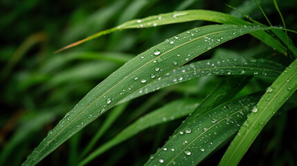 Emerald Reeds Adorned: Rainwater Jewels Sparkling on Verdant Leaves, A Glimpse into Nature's Refreshing Embrace and Serene Beauty
