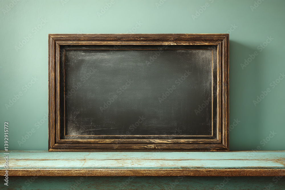 Poster rustic wooden frame with dark gray chalkboard insert on teal shelf mockup, showcasing blank space fo