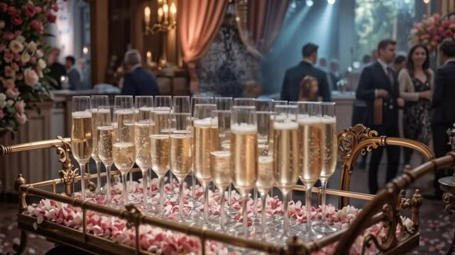 A vintage drink cart at an ester event, filled with champagne glasses and ester flower petals, soft spotlight highlighting the intricate details in the 8K shot.
