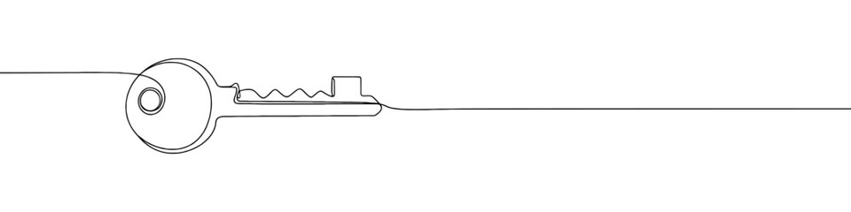 Obraz premium Key continuous one line drawing. Password, house key, security symbol. Vector illustration.