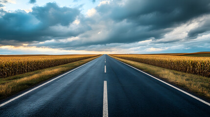 Fototapeta premium road, highway, sky, landscape, asphalt, travel, nature, horizon, clouds, cloud, field, empty, way, rural, route, speed, long, desert, summer, journey, line, drive, sun, perspective, country