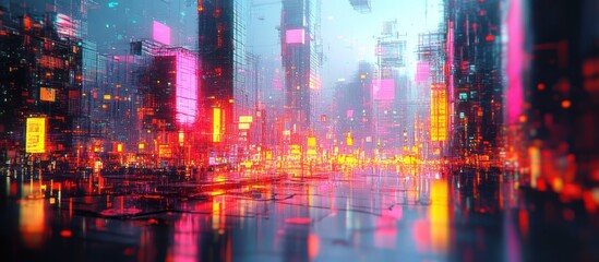 Fototapeta premium Neon-lit futuristic city street, wet asphalt reflecting lights, cyberpunk background; game design