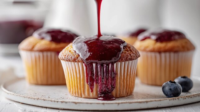 Delicious blueberry muffins being drizzled with sweet blueberry sauce topping