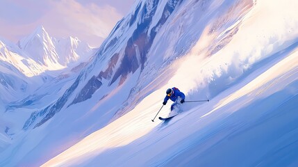 Skier Carving Down Snowy Mountain Slope on Sunny Winter Day