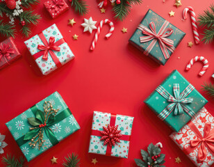 Festive Christmas Gifts and Candy Canes on Red Background Overhead