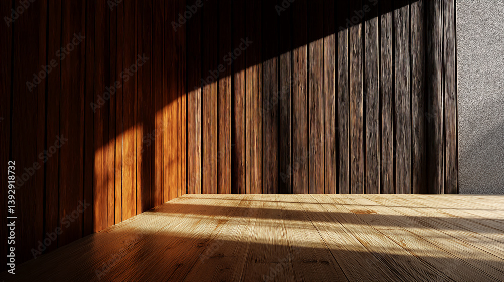 Poster light illuminates wooden wall and floor, creating a warm, inviting atmosphere showcase, ideal for pr