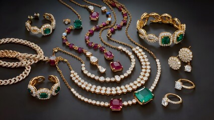 Obraz premium An array of intricately designed jewelry, including necklaces, rings, and bracelets, adorned with colorful gemstones such as emeralds and rubies, arranged against a dark background.