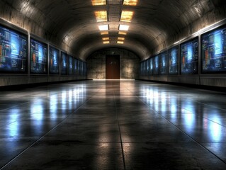Fototapeta premium Depict security information systems with a central control room displaying screens filled with cybersecurity metrics and analytics.