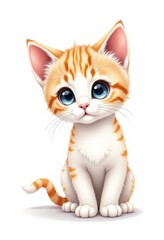 Fototapeta premium a cute orange and white kitten with blue eyes sitting on a white background It is an animated image, giving the impression that the kitten is looking directly at t