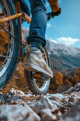 A person is riding a bike on a rocky trail