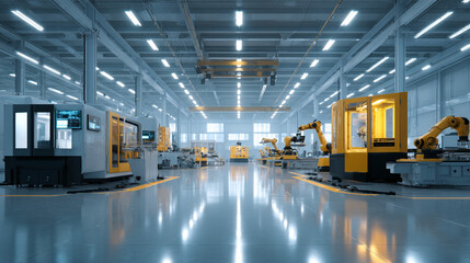 Obraz premium Interior view of a modern factory with robotic arms and industrial machinery in a spacious setting