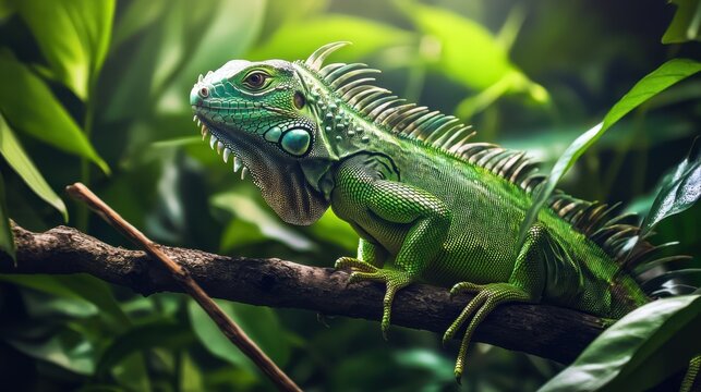 Vibrant green iguana clings to a branch, its textured skin and piercing gaze captivating amidst lush foliage. A striking reptile portrait
