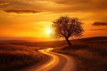 Golden sunset over a winding country road
