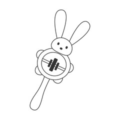 Cute line drawing of a baby rattle in the shape of a rabbit. Perfect for nursery prints, baby shower designs, coloring pages and fun baby themed illustrations.