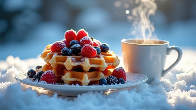Frozen Winter Breakfast (waffles, berries, syrup, coffee) snowy backdrop and cold blue light