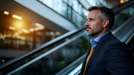 Naklejka premium A man in a suit and tie stands in front of a glass elevator