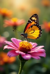  a vibrant orange and black butterfly perched atop a pink flower, surrounded by a blurred background of other flowers
