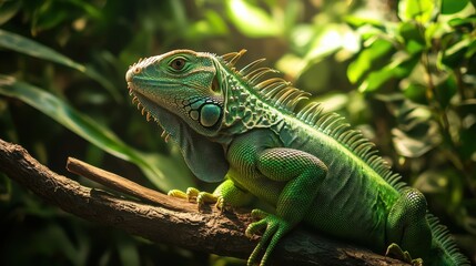 Fototapeta premium Vibrant green iguana perched on a branch, displaying intricate scales and a focused gaze amidst lush foliage. A captivating reptile portrait