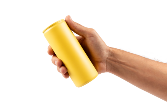 Male hand holding a yellow drinking can mockup isolated no background