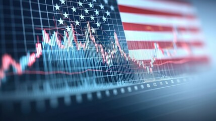 A digital representation of a stock market chart overlaying the American flag, symbolizing finance and patriotism.