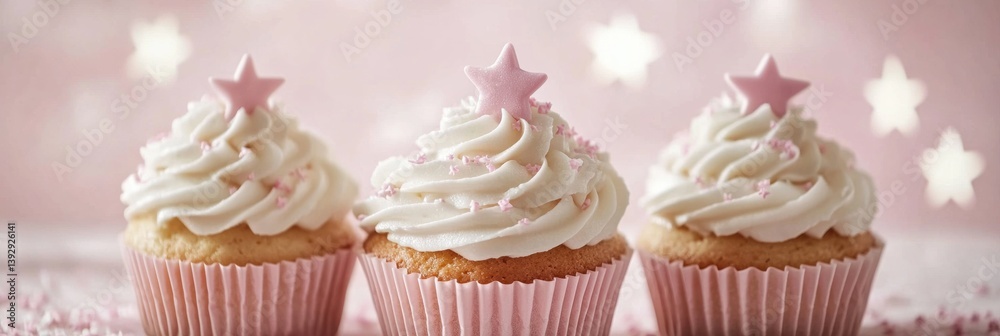 Poster cupcakes adorned with pastel toppings and star decorations on soft textured paper background at a ce