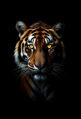 Fototapeta premium a tiger with yellow eyes looking directly at the camera against a black background Its fur is a deep orange color and its eyes are a piercing yellow Its whiskers
