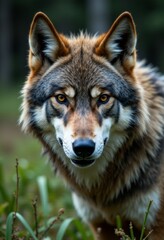  a close up of a wolf standing in the grass, with its brown, black and white fur standing out against the blurred background
