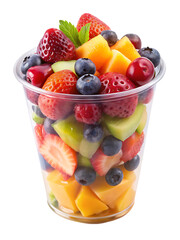 Fresh mixed fruit slices in a clear plastic cup on white, ideal for health, diet, or takeout concepts