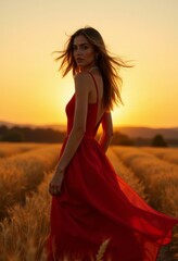 Naklejka premium a woman in a red dress standing in a wheat field at sunset, surrounded by trees and a beautiful sky