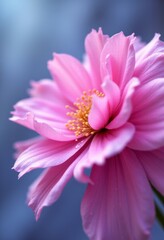  a close up of a pink cosmos flower on a blue background The petals of the flower are a vibrant pink color, and the center is a bright yellow The background is a d