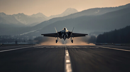 F-35 Lightning II: Fighter Jet, Military Aircraft, Takeoff, Air Force, Aviation, Defense, Power, Flight, Speed, Technology, Modern Warfare, Tactical, Airborne, Innovation.
