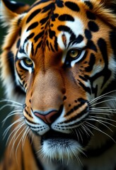   a close up of a tiger's face, with its intense gaze and powerful presence Its fur is a deep orange-brown color, and its eyes are a piercing yellow Its whiskers are long and its ears are perked up, 