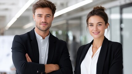 Professional man and woman standing together in an office environment displaying enthusiasm and team spirit
