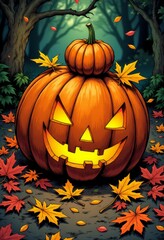  a jack-o'-lantern in the woods surrounded by autumn leaves The pumpkin is illuminated by the light of the moon, casting a warm glow on the surrounding foliage