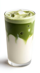Iced matcha latte with visible layers in a glass tumbler