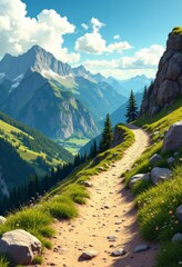  a path winding through a mountain landscape, surrounded by lush green grass, vibrant flowers, tall trees, rolling hills, and a bright blue sky dotted with fluffy wh