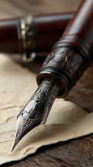 Naklejka premium Close-up of ornate fountain pen nib resting on aged paper, showcasing intricate detailing and craftsmanship, symbolizing elegance, writing, and tradition