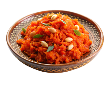  gajar ka halwa served in a traditional plate on white background, ideal for food and Indian dessert themes.