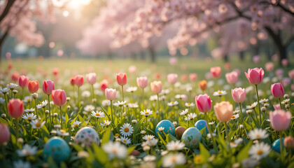 Walking Through Blossoming Trees with Tulips, Daisies and Easter Eggs