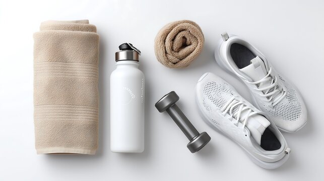 Fitness essentials Workout sneakers towel water bottle and dumbbell ready for a healthy lifestyle