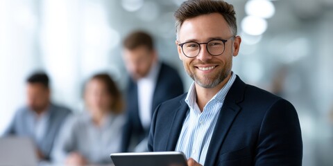 Happy smiling executive man holding a tablet in a professional setting showcasing leadership and technological skills